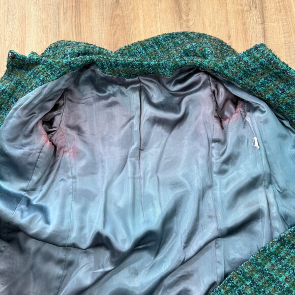 Vintage Green Tweed Coat Plaid Long Coat Wool  Unique Artsy S - Picture 4 of 11